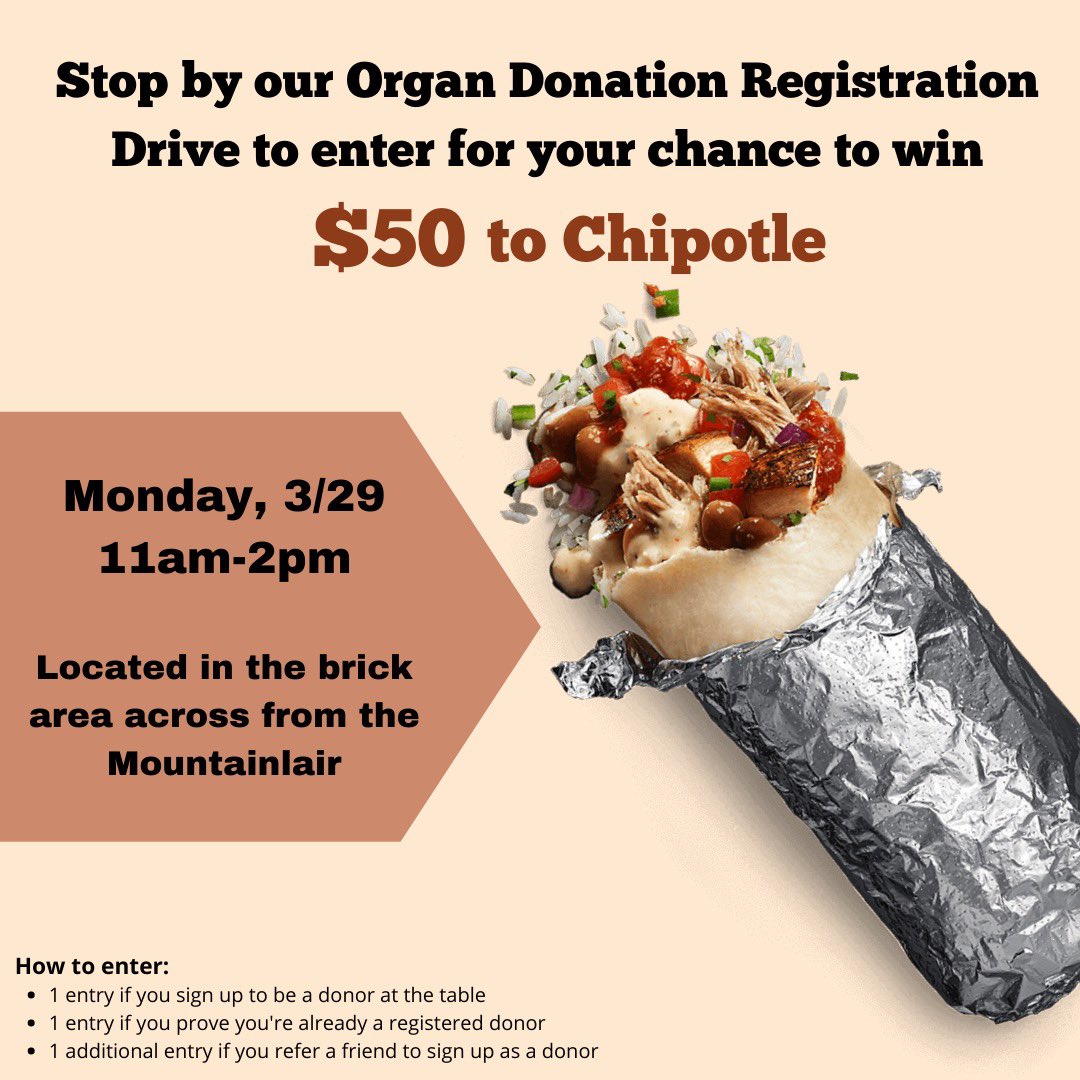 SodaWvu's tweet photo. Join us next Monday outside the Mountainlair and enter for your chance to win a $50 Chipotle gift card! https://t.co/umY6s33PMq