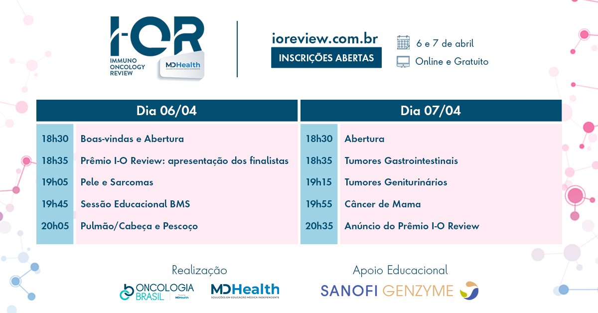 MDHealth_BR's tweet photo. Daqui a duas semanas teremos a 4ª edição do #IOReview. Em cada bloco dedicado a tumores de pulmão, cabeça e pescoço, pele, sarcomas, gastrointestinais, geniturinários e mama, os chairs e os coordenadores, debaterão os três estudos de maior destaque: https://t.co/EGCyQs4hvF https://t.co/ijKJYL7kkd