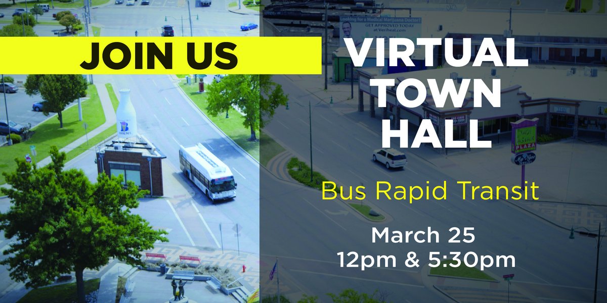 Tomorrow is the day!  🚌 Join us at 12pm or 5:30pm for a Virtual Town Hall to discuss the first Bus Rapid Trasit (BRT) line in OKC.

Learn more here: loom.ly/WQrI1oY 🚌