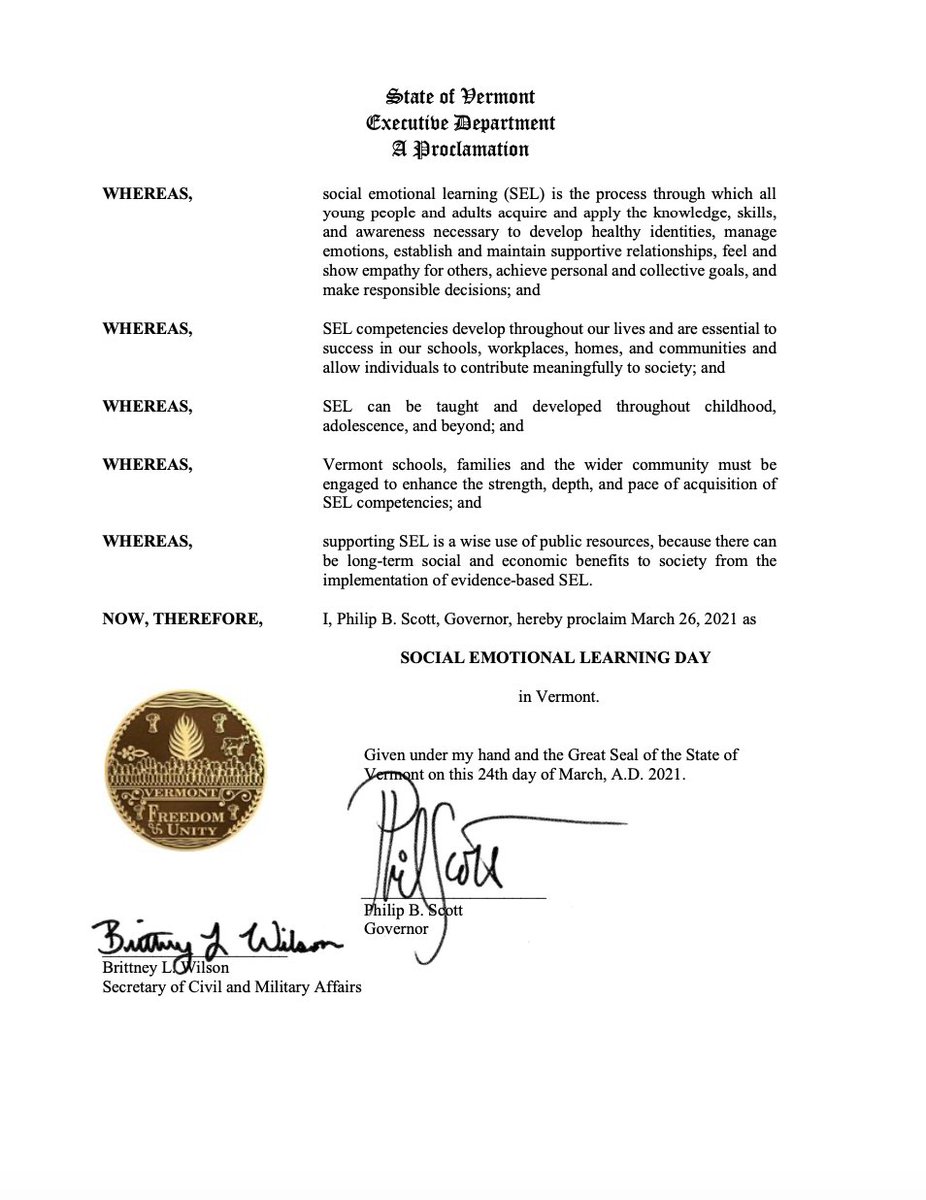 SEL4VT (@sel4vt) on Twitter photo Proud to announce that <a href="/GovPhilScott/">Governor Phil Scott</a> has officially declared March 26th as #SELDay in #Vermont. We humbly ask that you continue to spread awareness on the importance and value of <a href="/VTEducation/">Vermont Agency of Education</a>'s focus on social-emotional learning in our schools and communities. #VTed #vtpoli #SEL Proud to announce that <a href="/GovPhilScott/">Governor Phil Scott</a> has officially declared March 26th as #SELDay in #Vermont. We humbly ask that you continue to spread awareness on the importance and value of <a href="/VTEducation/">Vermont Agency of Education</a>'s focus on social-emotional learning in our schools and communities. #VTed #vtpoli #SEL