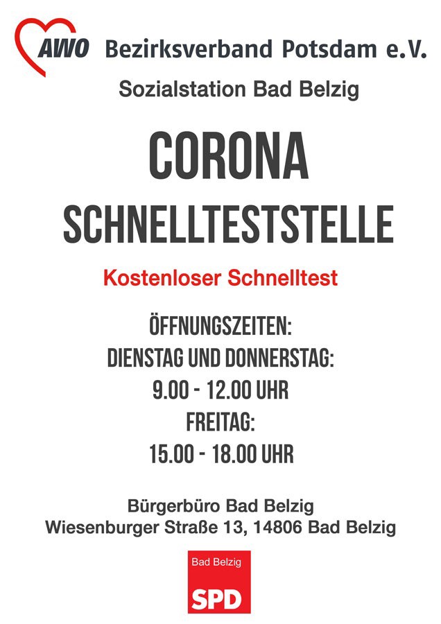 AWO_Potsdam's tweet photo. Unsere AWO Sozialstation in Bad #Belzig wird ein Corona-Testzentrum im Bürgerbüro des SPD-Politikers Günter #Baaske unterstützen und die Tests durchführen. Es braucht jetzt pragmatische Lösungen, um die Pandemie zu überwinden. #echtawo #Corona https://t.co/NbvSC8Ttao https://t.co/B31NUJXWqv