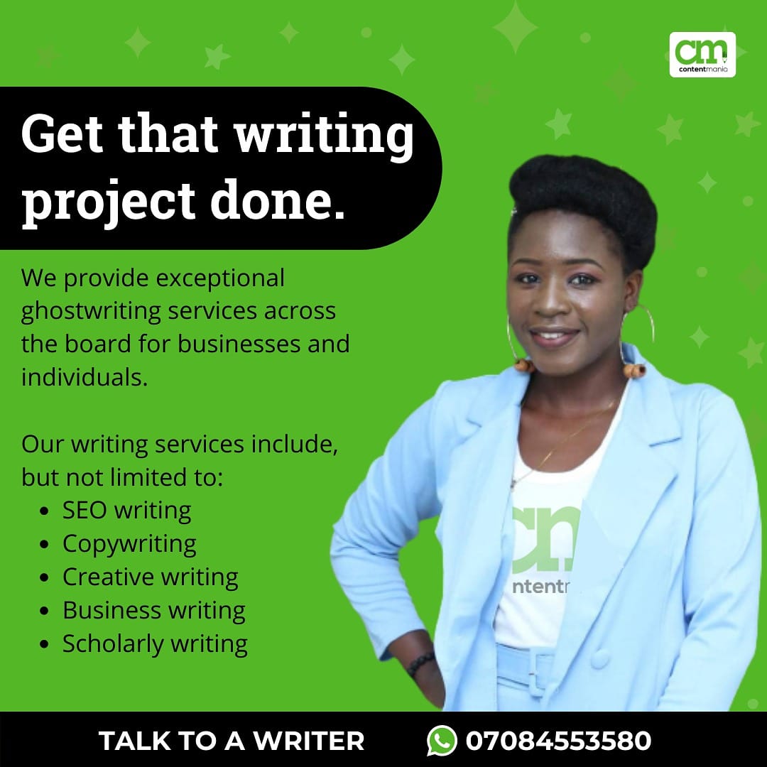 _ContentMania's tweet photo. You know you need our help.

At ContentMania, we have a team of #ghostwriters who are addicted to delivering high-quality #writing services day in day out.

This is our calling!

Let us help you.

For more enquiries, please call 07084553580 or send us a DM

#CMWriters https://t.co/d5aHlRb7pt