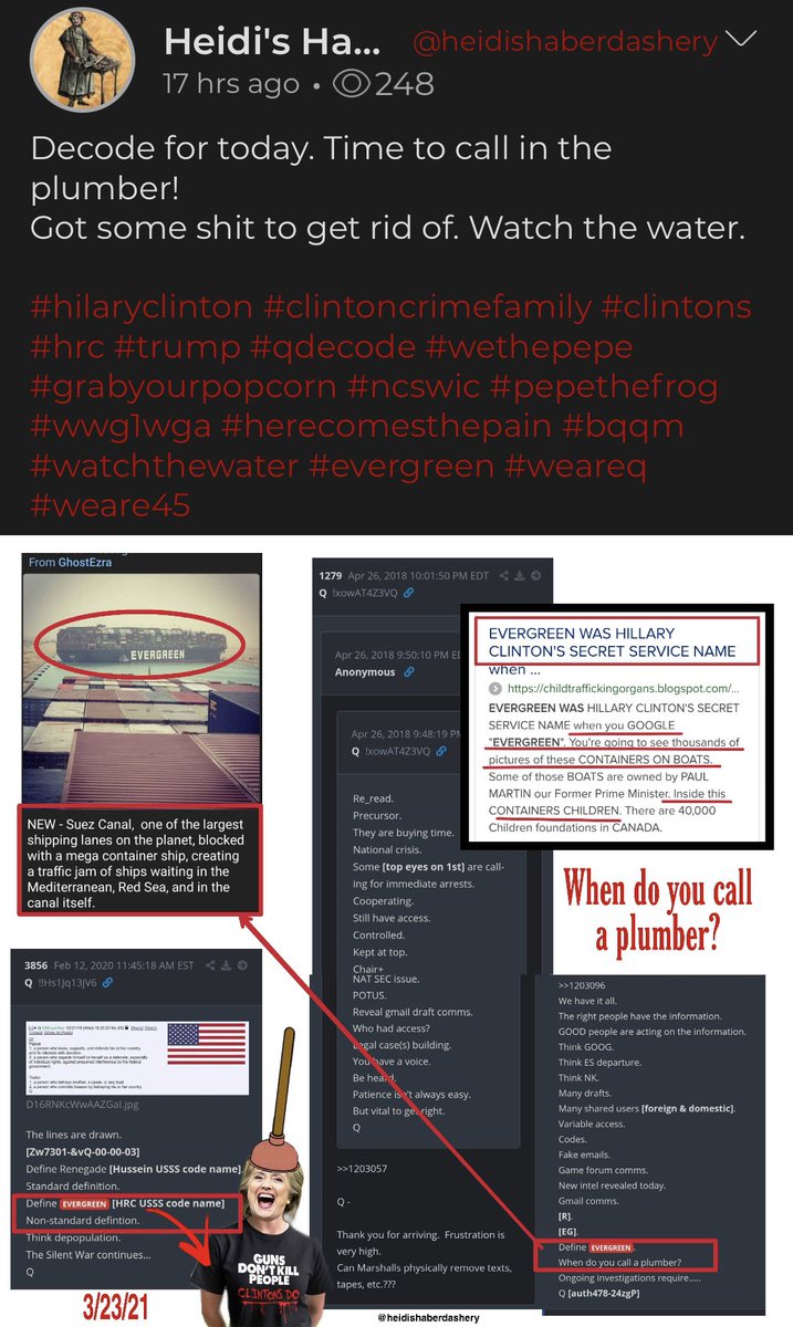 OverheardParler's tweet photo. Apparently, the QAnon-Hillary scapegoating and the ship currently fucking up global commerce are both evergreen.

#suezcanal #EVERGIVEN #parler https://t.co/a0F6uVHnUq