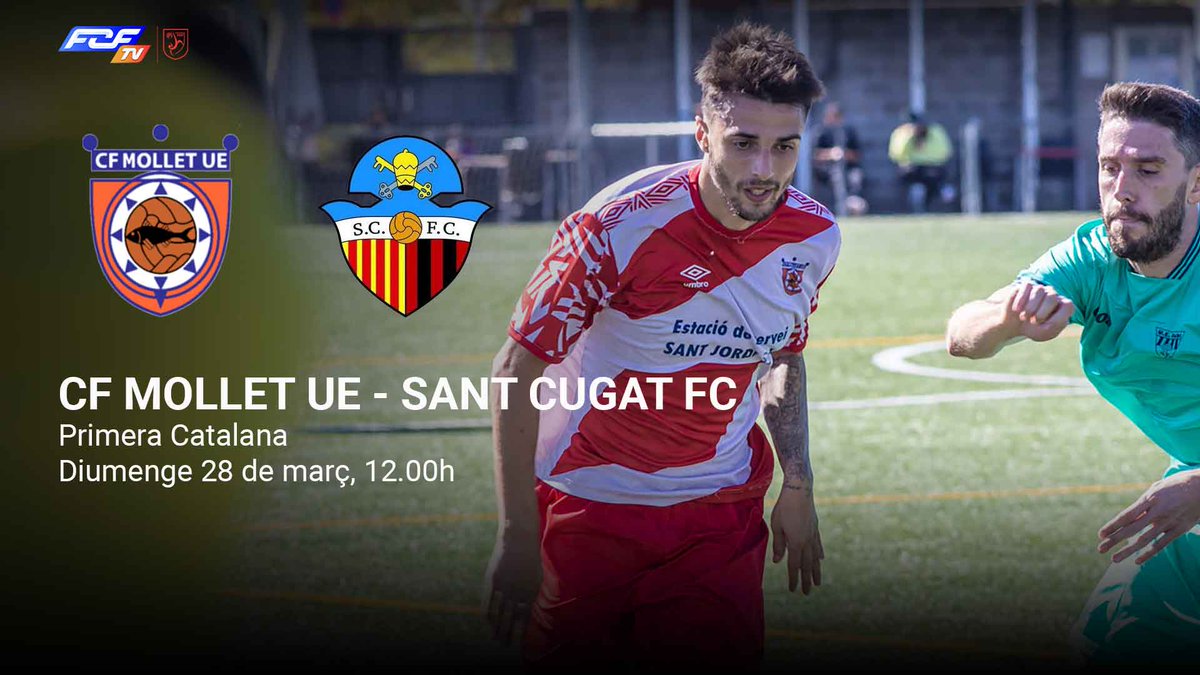 FCF_CAT's tweet photo. 📢 El partit @CFMolletUE 🆚 @SantCugatFC, en streaming a l'#FCFTV

📅 Diumenge 28 de març
⏰ 12.00h
🏆 J7 | Primera Catalana
📍 Mpal. Germans Gonzalvo
📺 https://t.co/CBlaqmJh1N

🔗 Més a https://t.co/NJRFYtFIak

#futbolcat #1cat1B https://t.co/GS2rd3PmEi