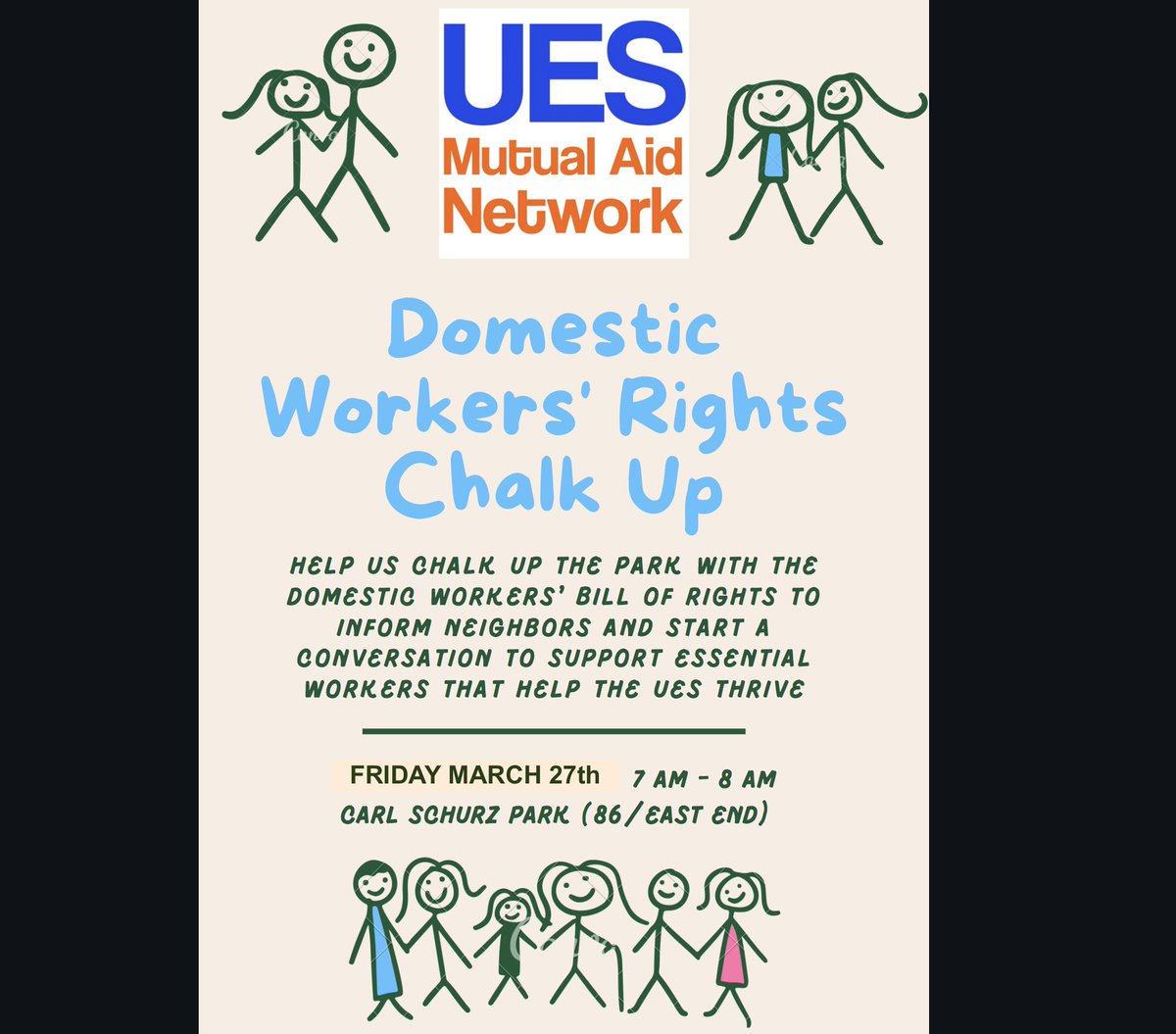 UESMutualAid's tweet photo. This Friday morning, we're chalking up Carl Schurz Park with the Domestic Workers Bill of Rights! Join us to support our domestic worker neighbors and help make the UES an exploitation-free neighborhood! https://t.co/jloRPqXsbe