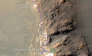 This map shows the southward path driven by Opportunity from late December 2014 until it passed marathon distance on March 24, 2015, during the 3,968th Martian day, or sol, of the rover's work on Mars.
