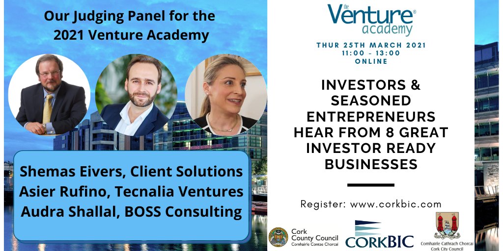 Delighted to welcome 3 outstanding Judges for our Venture Academy Mar 25- #Investors #Entrepreneurs #ShemasEivers #BooleSyndicate @HaloIreland #AsierRufino <a href="/tecnalia/">TECNALIA</a> &amp; <a href="/AudraShallal/">Audra Shallal</a> Join us &amp; 8 Investor Ready Businesses &amp; Keynote <a href="/CiaranMulligan1/">Ciaran Mulligan</a> Register: bit.ly/2PqfPUd