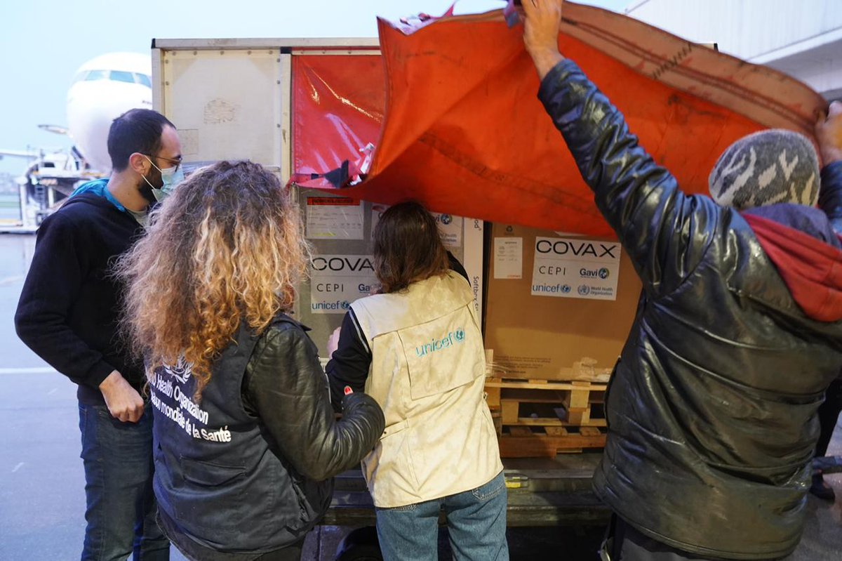 UNICEFLebanon's tweet photo. 33,600 AstraZeneca #COVID19 vaccine doses landed today at Rafic Hariri International Airport. UNICEF has shipped them as part of #COVAX facility, a global partnership b/w @UNICEF, @WHO, @gavi &amp; @CEPIvaccines to ensure fair &amp; equal access to COVID-19 vaccines to all countries. https://t.co/Rh00Njqlmw