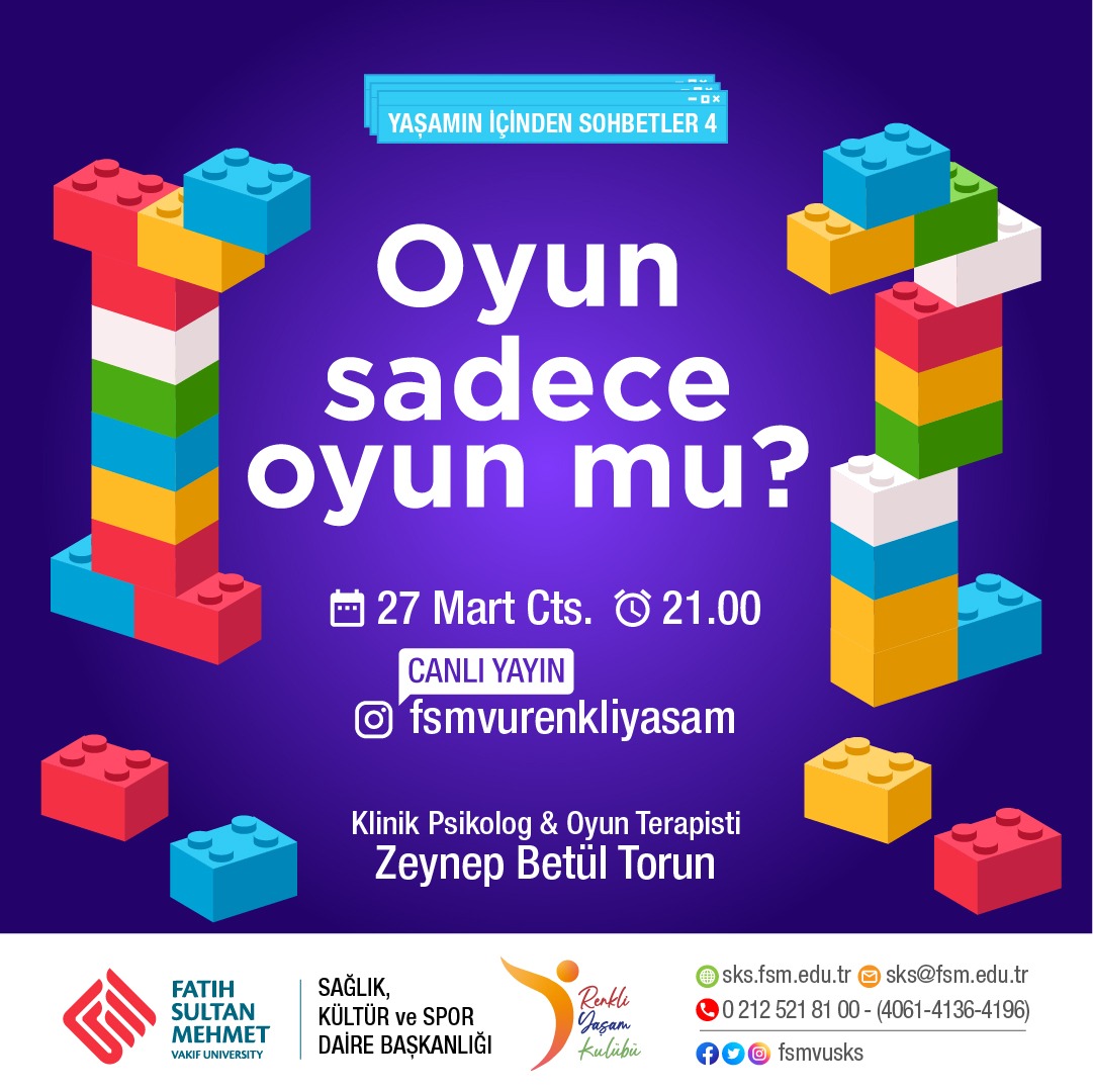 Yaşamın İçinden Sohbetler serimizin 4.sünde "Oyun Sadece Oyun mu?" adlı sohbetimize Klinik Psikolog ve Oyun terapisti Zeynep Betül Torun konuk oluyor!
• 27  Mart Cumartesi 
• Saat 21.00'da canlı yayınımızda görüşmek üzere.🤚🥰♥️ <a href="/Fsmvusks/">FSMVÜ SKS</a>