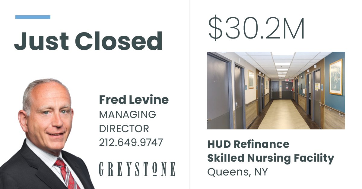 GreystoneCREF's tweet photo. Managing Director Fred Levine closed $30.2 million in HUD-Insured financing on a Skilled Nursing Facility in Queens, New York. Learn about our #1 ranked #FHA financing program here: https://t.co/s7yJQ11toH https://t.co/Ufw0hJOVlo