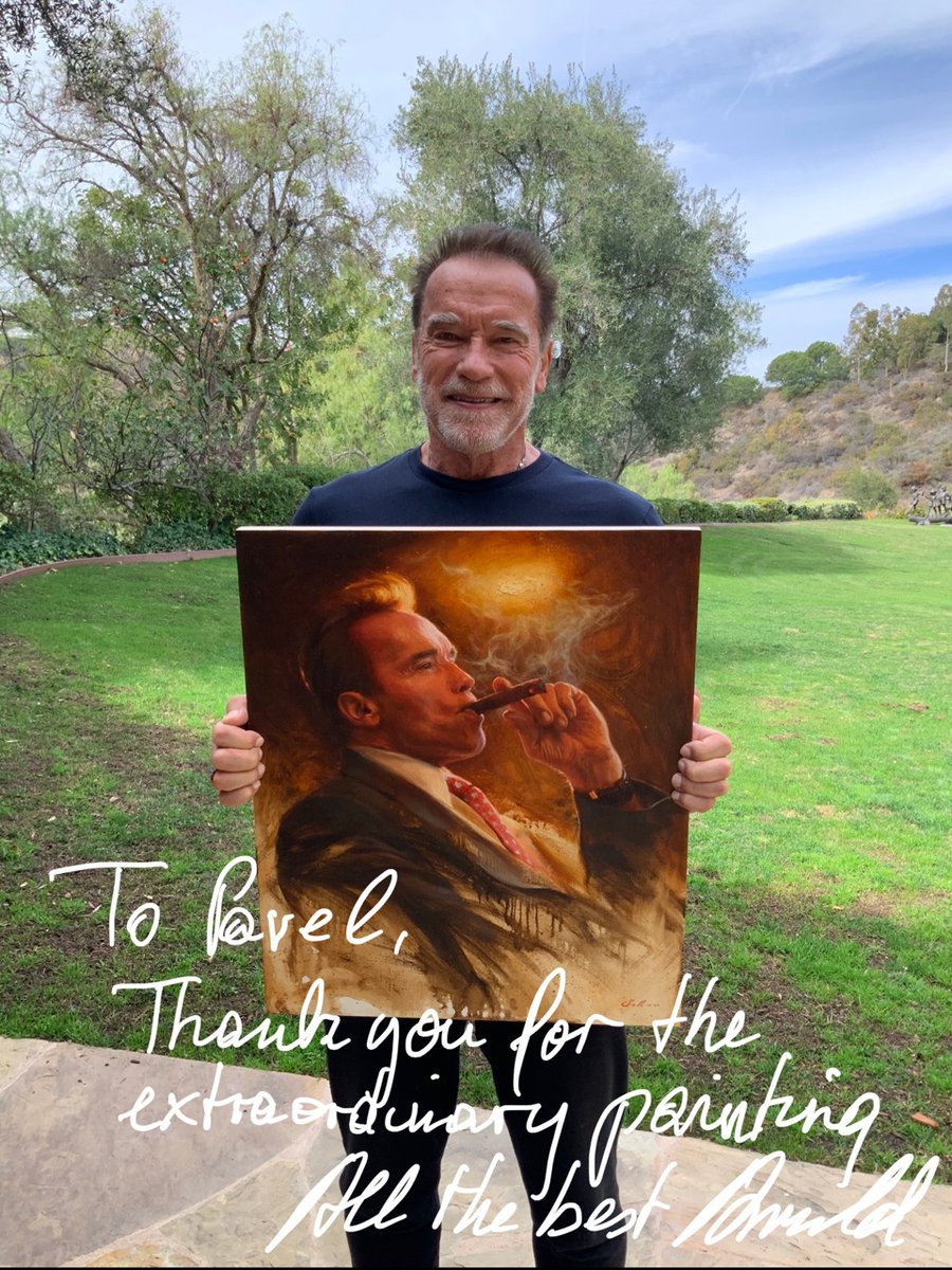 PavelSokovArt's tweet photo. Arnold with his portrait that I painted for him. Thank you so much for the inspiration and good example you set for those who are looking to accomplish big things! #arnold https://t.co/vpuicSvMyT