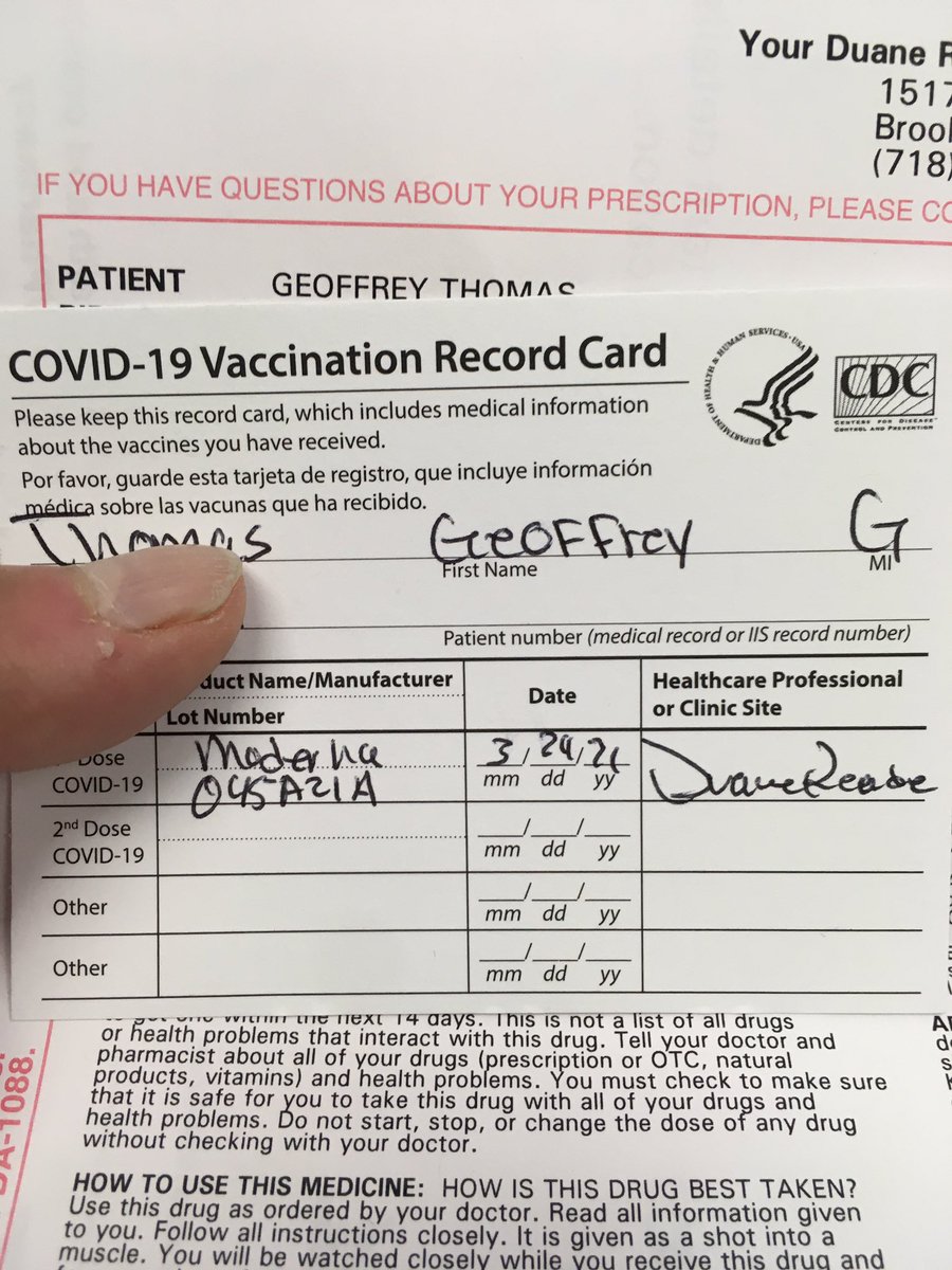 Photo of a COVID-19 vaccination card indicating I received the Moderna vaccine today at Duane Reade.