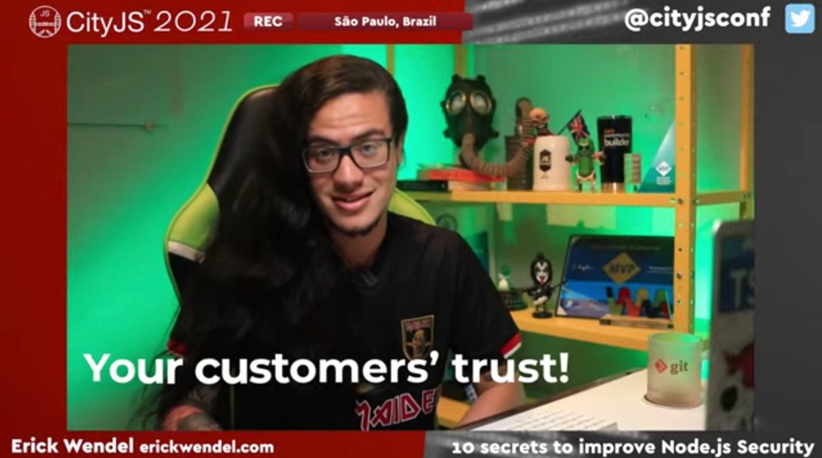 leichteckig's tweet image. Learning 10 secrets to improve Node.js security by @erickwendel_ at @cityjsconf, wrapped up in a well-crafted talk. 💚 #CITYJS2021