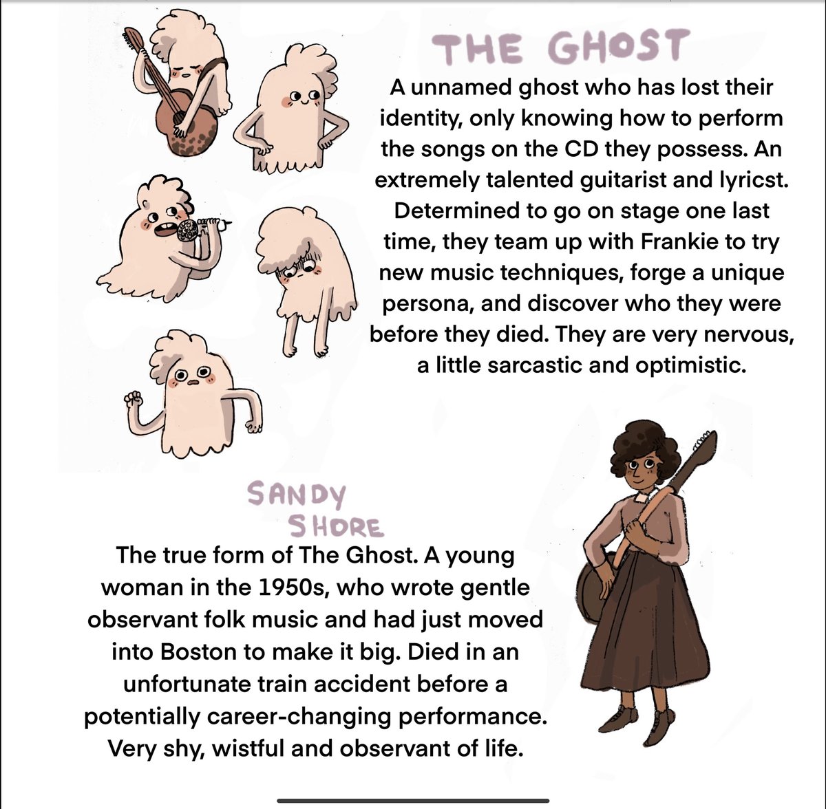 Some more stuff from my shelved GN pitch! It was about a girl who found a ghost in an old record. It turns out it was too similar to something else!! This pitch taught me so much about pitching and storytelling and it will be forever close to my heart. 