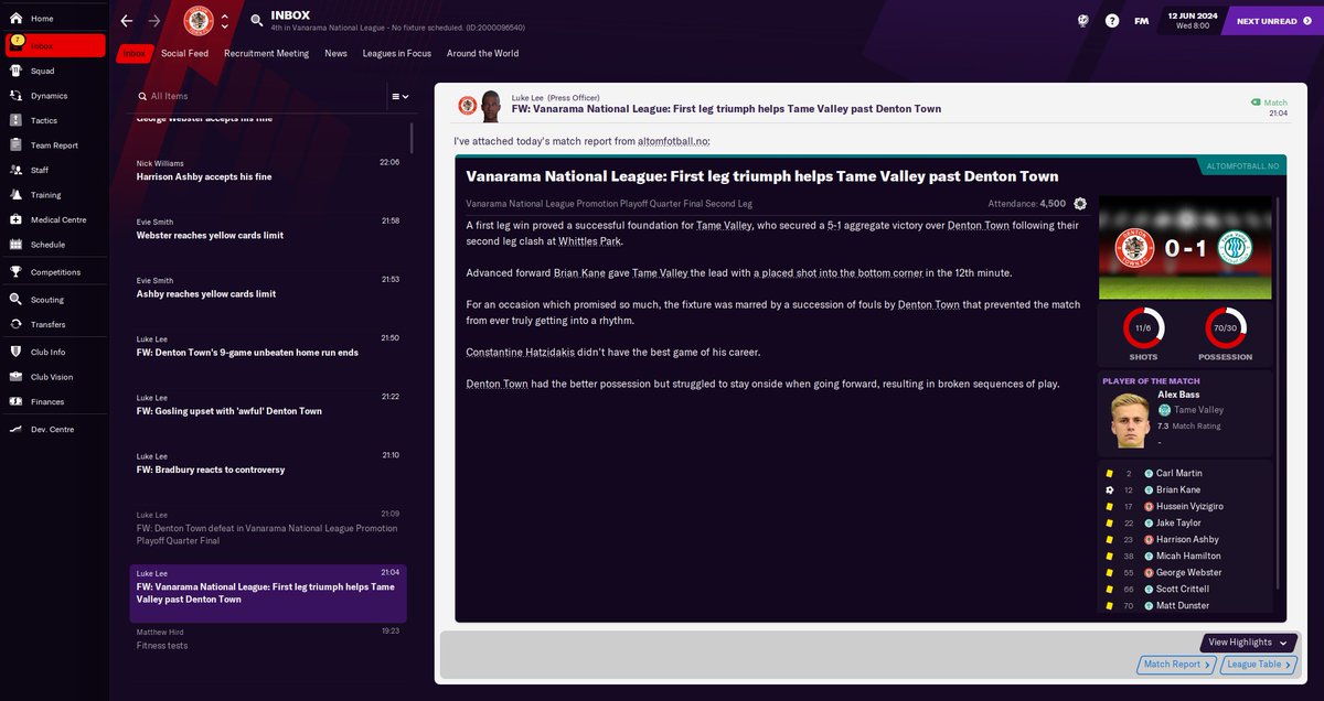 tamevalleyfc's tweet photo. After my first season in the 5th tier with @dentontown_fc, we managed to qualify for the playoffs by finishing in 4th place. Unfortunately, we lost heavily to Tame Valley, 5-1, in the quarter final stages. #FM21 https://t.co/GrBfAyNBSi
