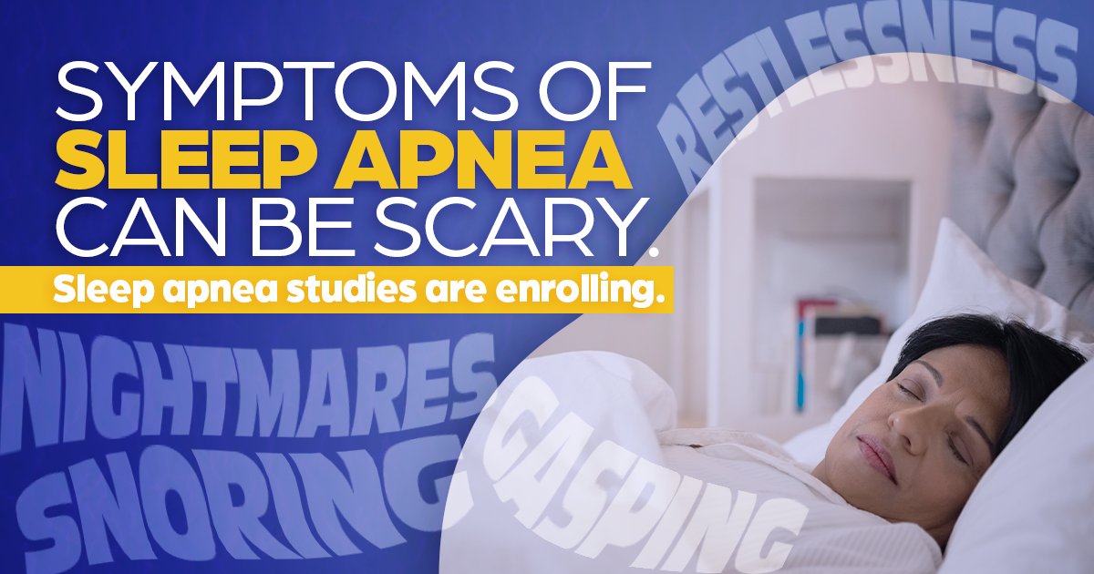 csp_miami's tweet photo. Symptoms of sleep apnea can include: restlessness, nightmares, snoring and gasping for air. Find out how to join enrolling sleep apnea research studies: 
https://t.co/h6LG8seTaW 
#clinicalsitepartners #orlando #miami #leesburg #volunteer #clinicaltrials #researchstudies #copd https://t.co/ChkdE775fM
