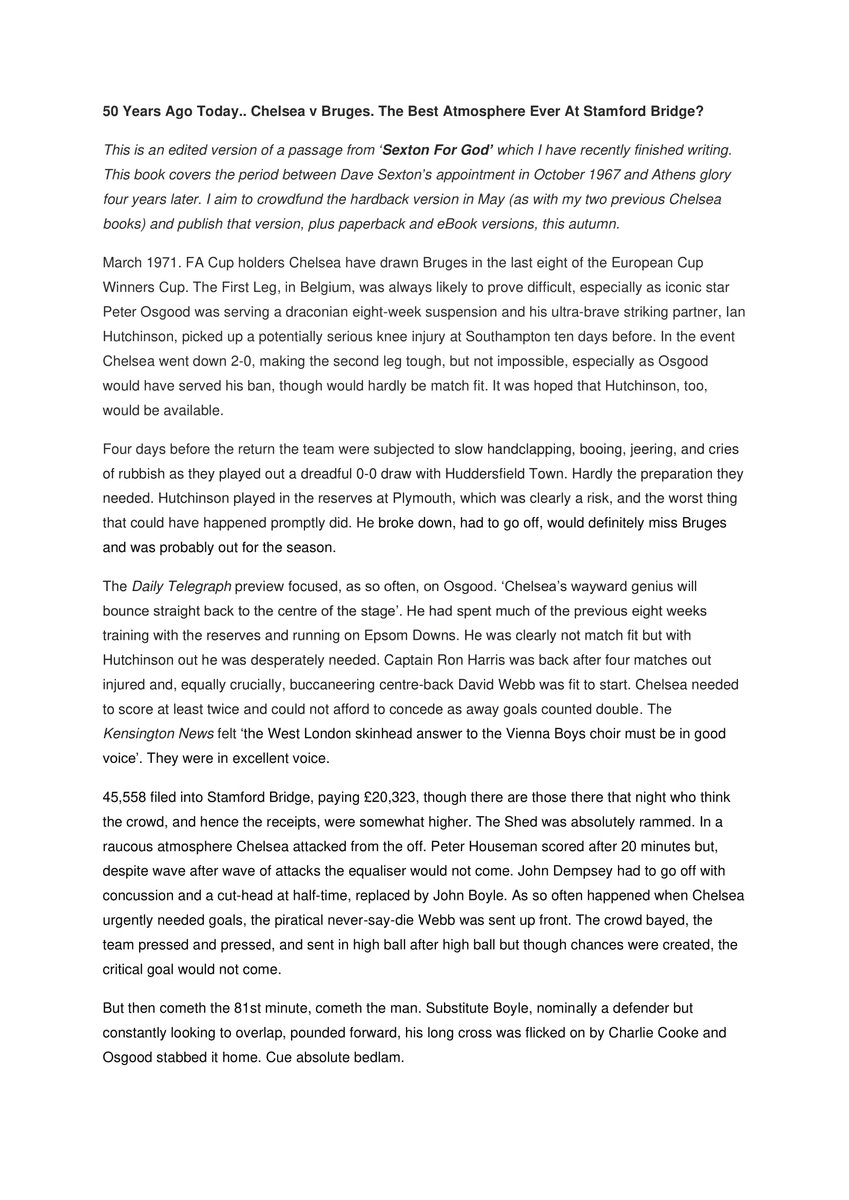 tim_rolls's tweet image. 50 years ago tonight Chelsea beat Bruges 4-0 in what many remember as one of the best games, in front of arguably the best atmosphere, ever played at Stamford Bridge. 
Here is a piece about that night.