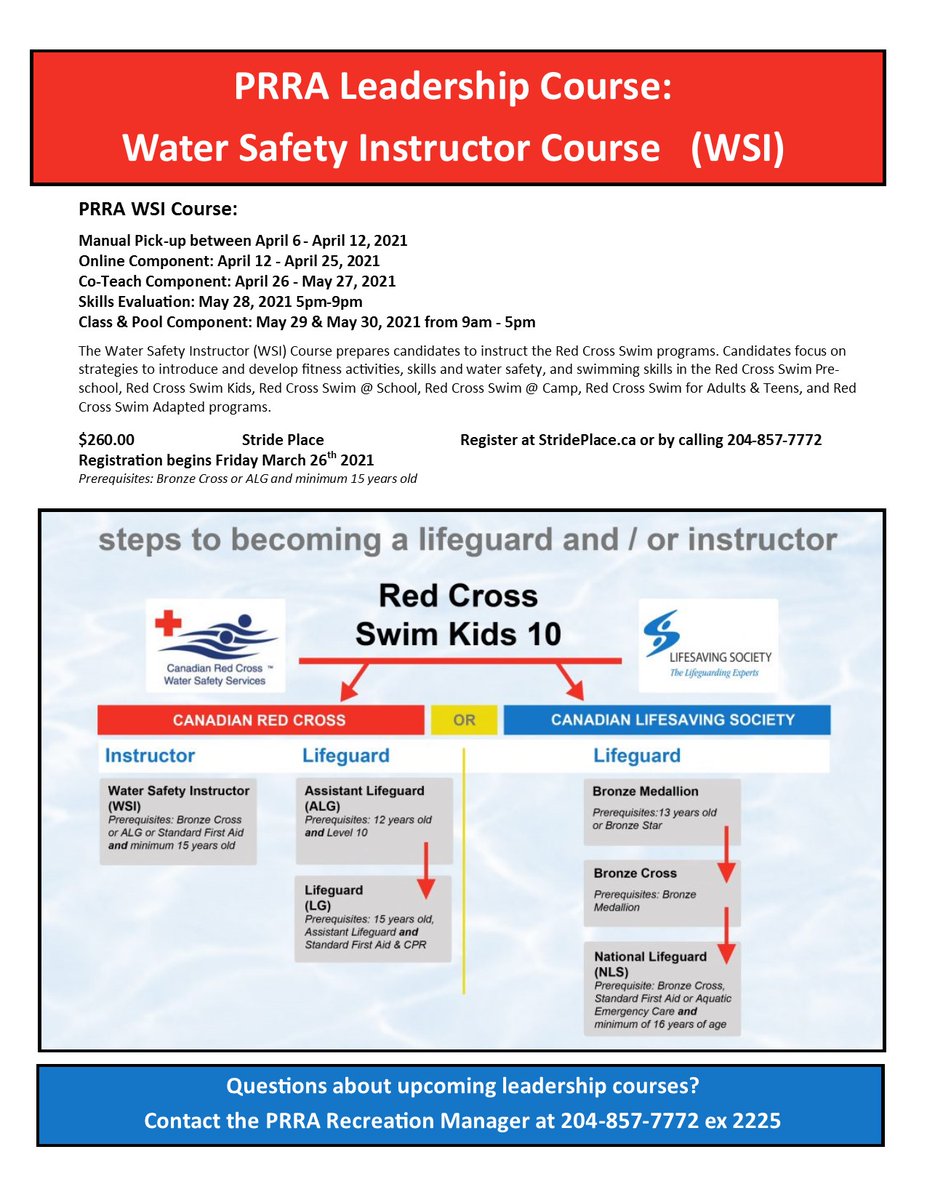 Upcoming Water Safety Instructor Course (WSI)
Registration begins March 26th
Questions? Please contact our Recreation Manager at 204-857-7772 ex 2225
