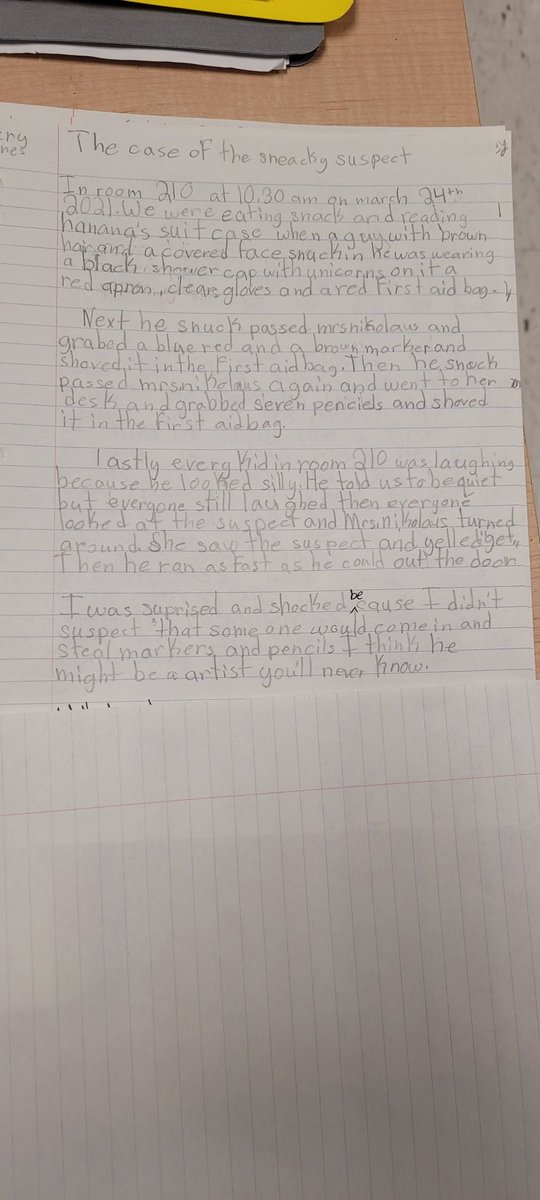 NikolausJanice's tweet photo. Breaking News!! Today we had a crime committed in our class! It was a perfect opportunity to do some factual recount writing! Thankfully the "suspect" was apprehended and forgiven for his "crime"! @msmorgado_ @saopmilton1 https://t.co/BceOYA7ZEb