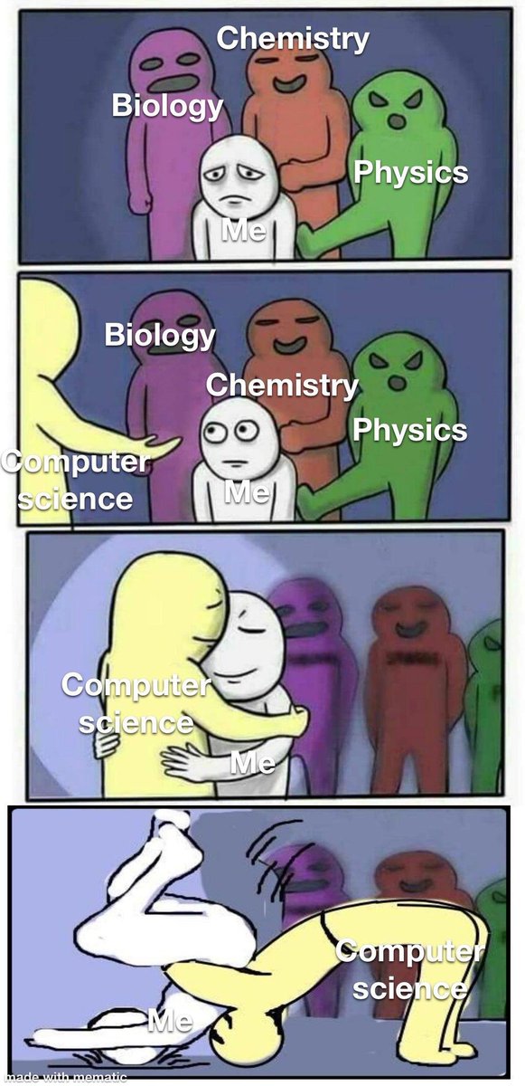 MichaelCrits's tweet photo. STEM but mostly comp sci in a nutshell. 💁🏾‍♂️ https://t.co/EenLbWu0Om