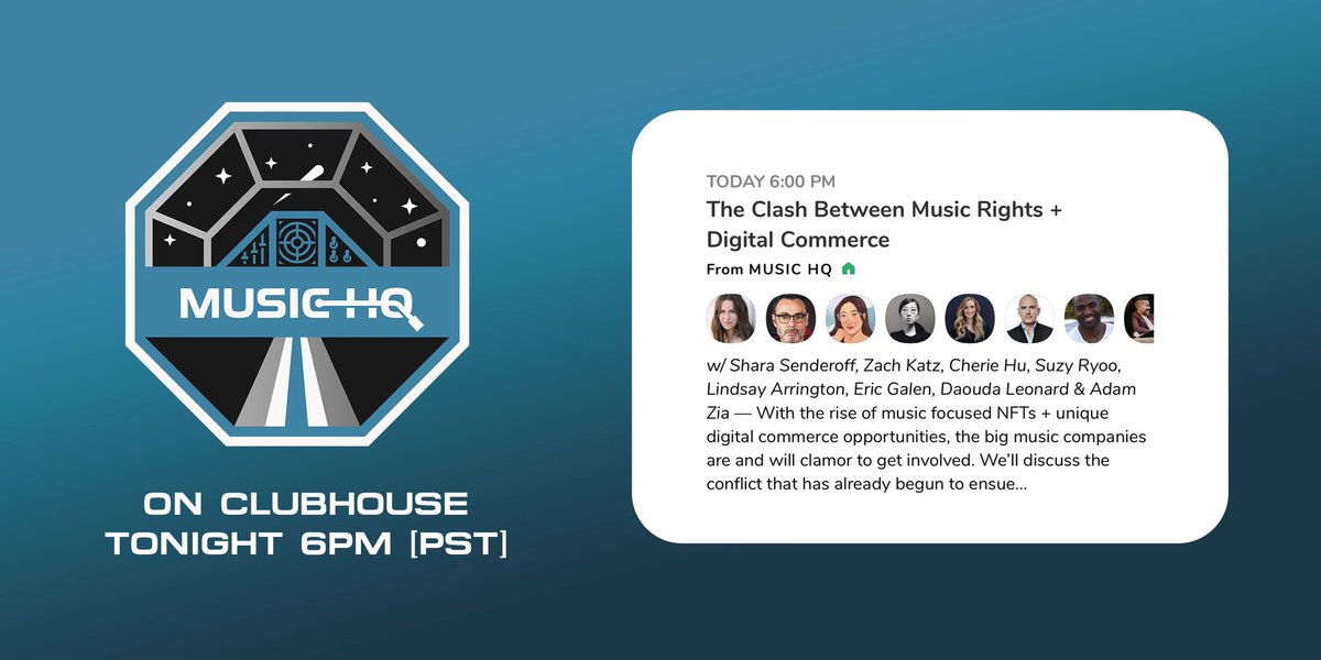 TONIGHT 6pm PST in Music HQ on @joinClubhouse... a super 🔥 topic. We’re not holding back...

The Clash Between Music Rights   Digital Commerce w/ <a href="/TheZachKatz/">Zach Katz</a>, @cheriehu42, <a href="/suzywillow/">Suzy Ryoo</a>, Lindsay Arrington, Eric Galen, <a href="/daoudaleonard/">DAOuda</a> + Adam Zia.

Listen: joinclubhouse.com/event/xBBVoYw6