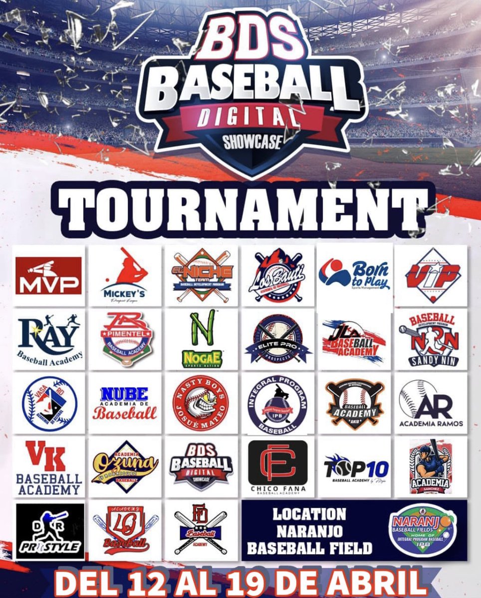 BDSBASEBALL1's tweet photo. Gran Torneo BDS 🙌🏼🙌🏼

Nuestro gran torneo fue promovido para el 12 al 19 de Abril, en los naranjos Baseball Field donde se medirán jugadores de las clases 2022,23 y 24 de: Dominicana, Venezuela y Cuba.

¿Quien será el ganador del torneo?

#talentobds #prospectos  #event #scouting https://t.co/DP2u6soXPS