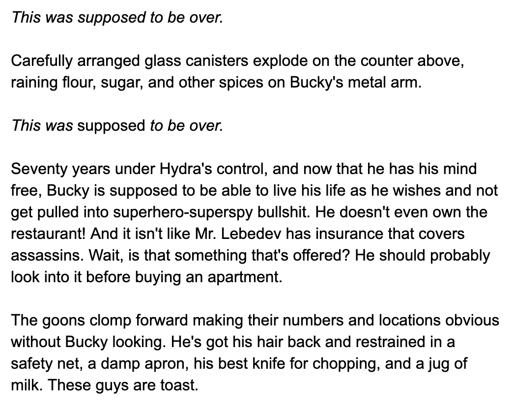 From  @im_weapon "Bucky, Restaurant, Milk" Please someone else write how Bucky uses the jug of milk to take out an assassin.~138 words