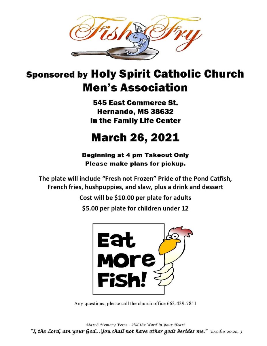 Holy Spirit Catholic Church is having a fish fry this Friday beginning at 4:00 PM (takeout only)! If you have any questions, call (662) 429-785! #supportlocal