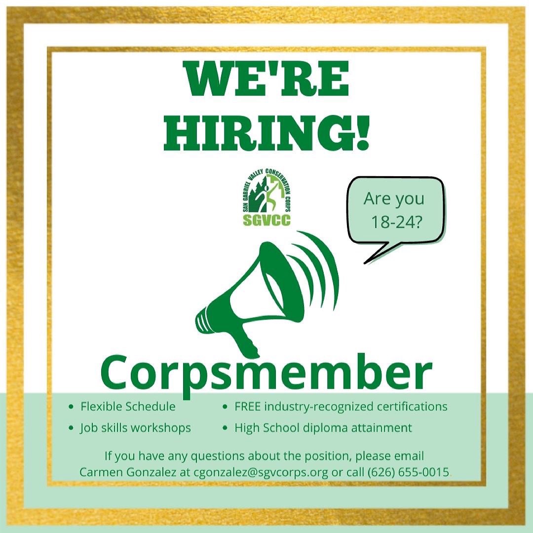 SGV_CORPS's tweet photo. ❇️SGVCC is looking to hire you!❇️

Interested in working to better the community? Call us at (626) 655-0015 to ask how you can get started on your future.

#investinyourself #sgvcc #sgvcorps #sangabrielvalley #conservationcorps #jobtrainingprogram #jobtraining https://t.co/kbfxDltc98