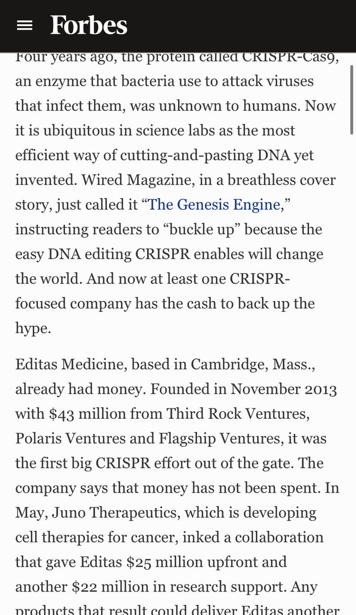  https://www.forbes.com/sites/matthewherper/2015/08/10/bill-gates-and-13-other-investors-pour-120-million-into-revolutionary-gene-editing-startup/