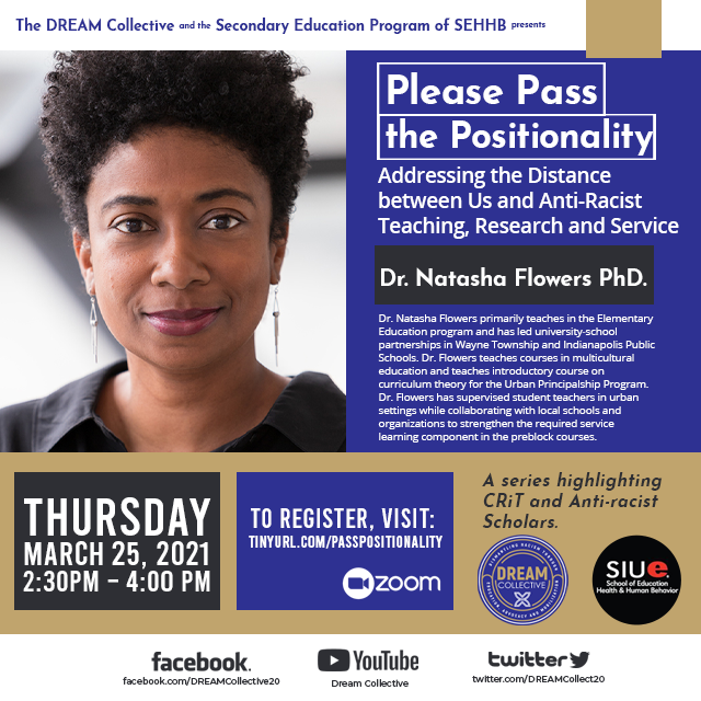DREAMCollect20's tweet photo. Dr. Natasha Flowers will provide a Professional Development Opportunity to the public from 2:30 -4:00 PM CDT on Thursday, 3/25
“Addressing the Distance between Us and Anti-Racist Teaching, Research, and Service” Register by visiting https://t.co/bQiwp2xtVx https://t.co/AFXb67Uoeq