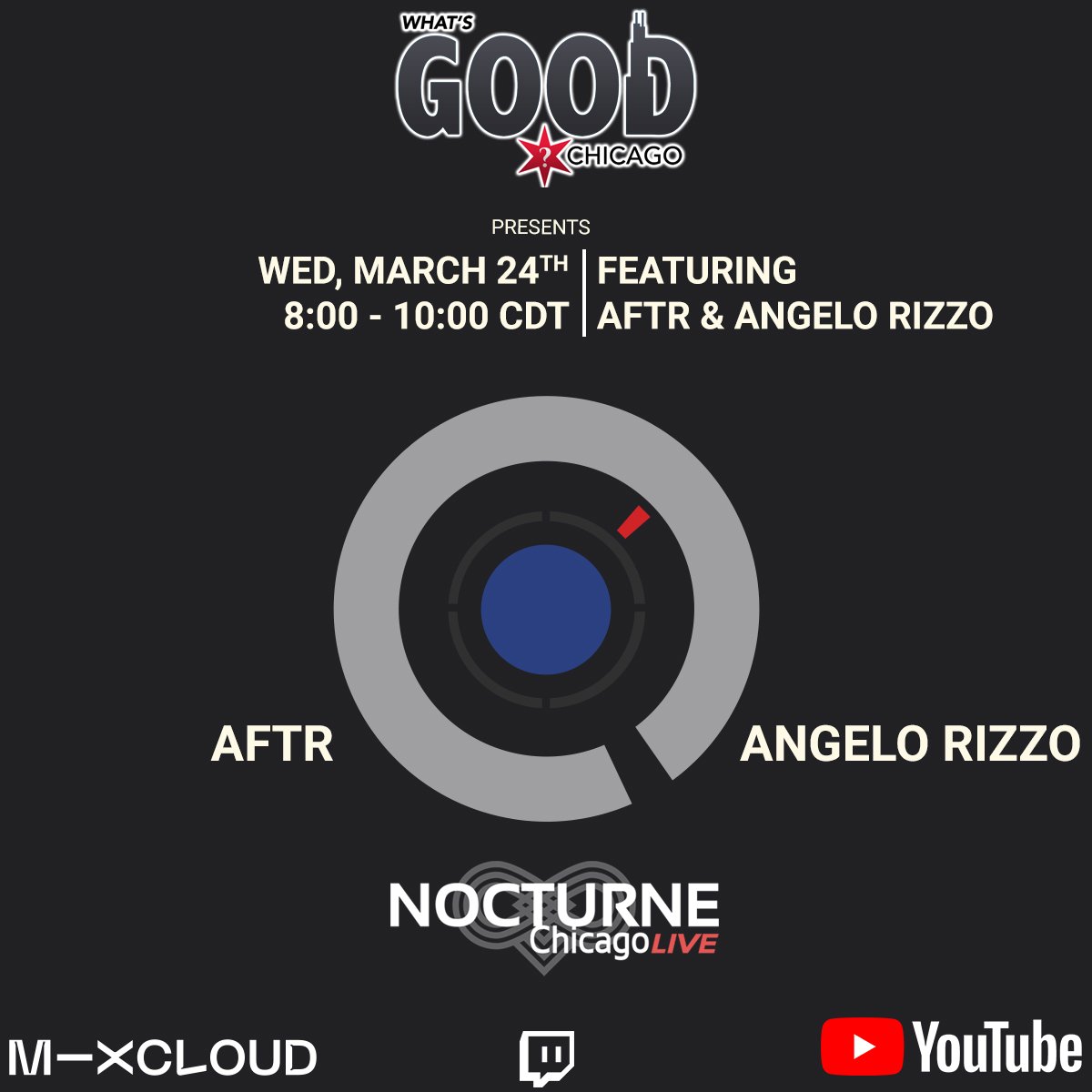 TONIGHT !!!! 8-10 PM CT 
Tune in for our weekly Wednesday livestream! 
This week we have AFTR and ANGELO RIZZO stopping by to play some tunes 🎶🔊 
Can't wait 🔥
twitch.tv/lenocturnechic…