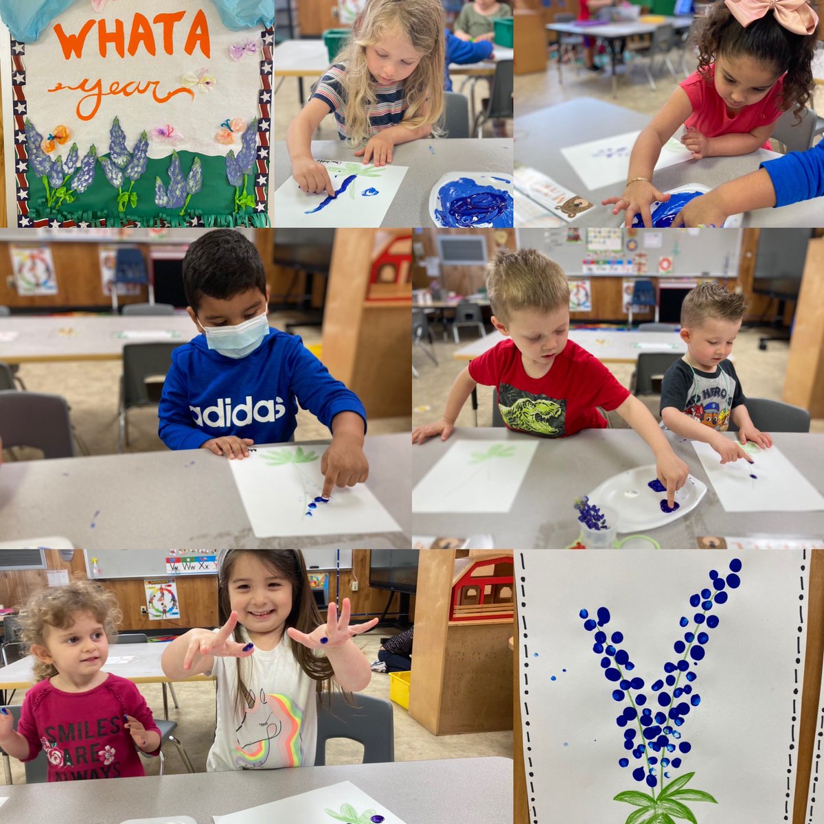 CFISDAndreELC's tweet photo. Spring is in the air @CFISDELCS Andre’ three’s classroom. Check out these blue bonnet masterpieces! #fingerpainting #texasflower #EarlyChildhood https://t.co/od231xJYZ9