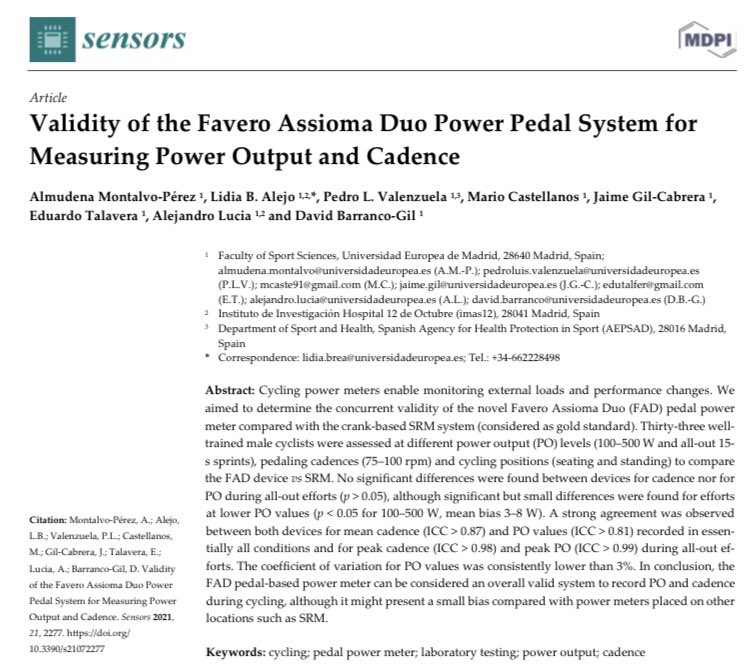 Mune_FitStudio's tweet photo. Nueva publicación del GI Cycling Health and Performance de la @ueuropea 
Validity of the Favero Assioma Duo Power Pedal System for Measuring Power Output and Cadence
https://t.co/HPlL3wwNfr 
@david_barranco @pl_valenzuela @jaimegilcabrera @edutalfer @MariocastePf Lidia Alejandro https://t.co/z4kImUFGQW