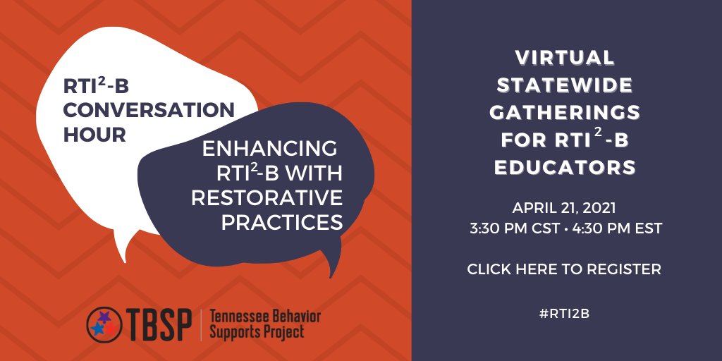 We’re excited for you to hear from our guest speaker <a href="/KimDaubnespeck/">Kim Daubnespeck</a> from @TNEdu as we discuss aligning #RTI2B with #RestorativePractices. Register now at tinyurl.com/register-rti2b @TBSPMemphis @TBSPVanderbilt @TBSPEast @TNEdu #PBIS #MTSS