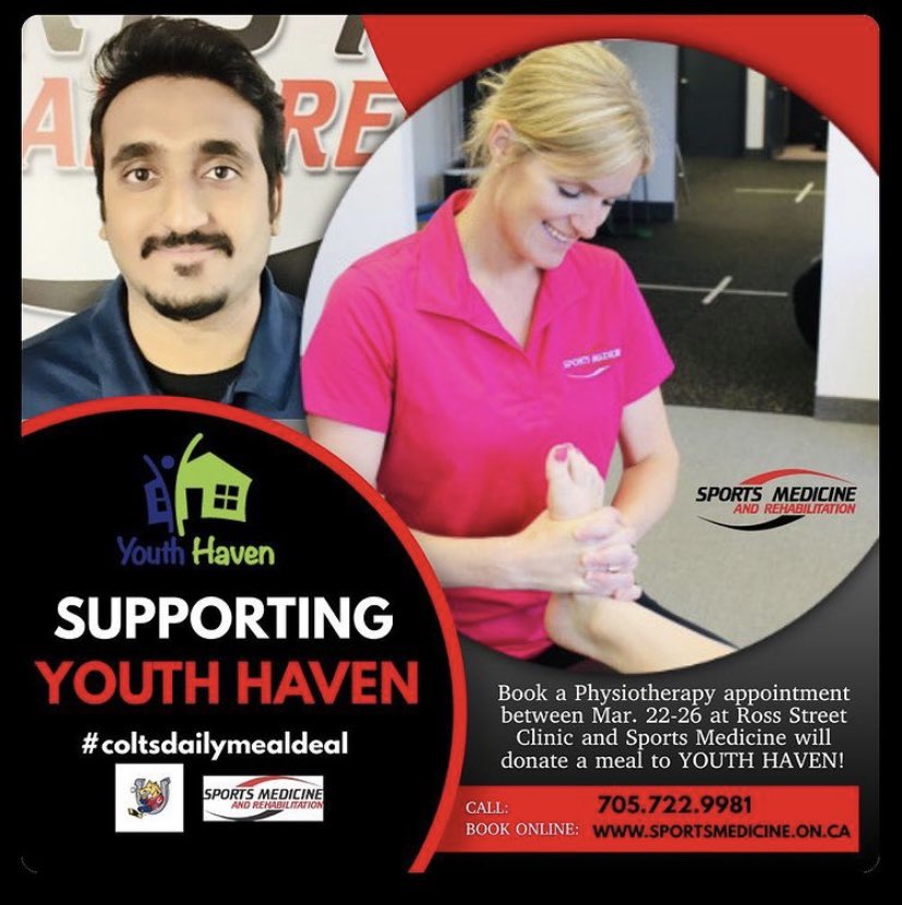 Barrie Colts (@ohlbarriecolts) on Twitter photo For every NEW physio appointment that is booked by March 26th at the Ross Street location, Sports Medicine (<a href="/SportsMedRehab/">Sports Medicine</a>) will donate one meal from the #ColtsDailyMealDeal to Youth Haven (<a href="/BarrieYouth/">Youth Haven</a>).
Call 705-722-9981 to book your appointment today. For every NEW physio appointment that is booked by March 26th at the Ross Street location, Sports Medicine (<a href="/SportsMedRehab/">Sports Medicine</a>) will donate one meal from the #ColtsDailyMealDeal to Youth Haven (<a href="/BarrieYouth/">Youth Haven</a>).
Call 705-722-9981 to book your appointment today.