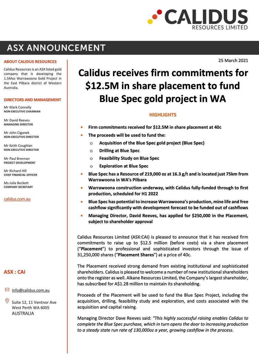 fulovitboss's tweet photo. $CAI - #CalidusResources
CR ($12.5m @ 40c) to finalise #BlueSpec acquisition, drilling, feasibility & exploration. Management & $ALK all subscribing for shares.
With the addition of this project it sets up #Warrawoona for production target of 130,000oz a year. #Gold #CAI https://t.co/lAOo7eLQSb