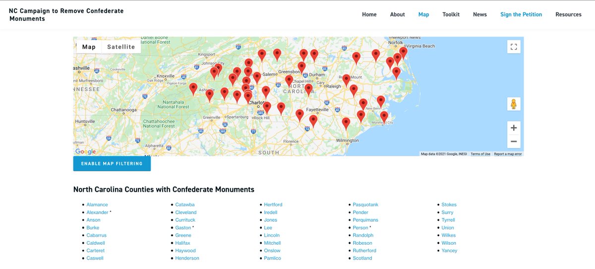 Want to know more about the 42 Confederate monuments that stand outside North Carolina's county courthouses? Check out our interactive map and directory, where you can see photos, histories, inscriptions, dedications, sponsors, and more. ncconfederatemonuments.org/map/