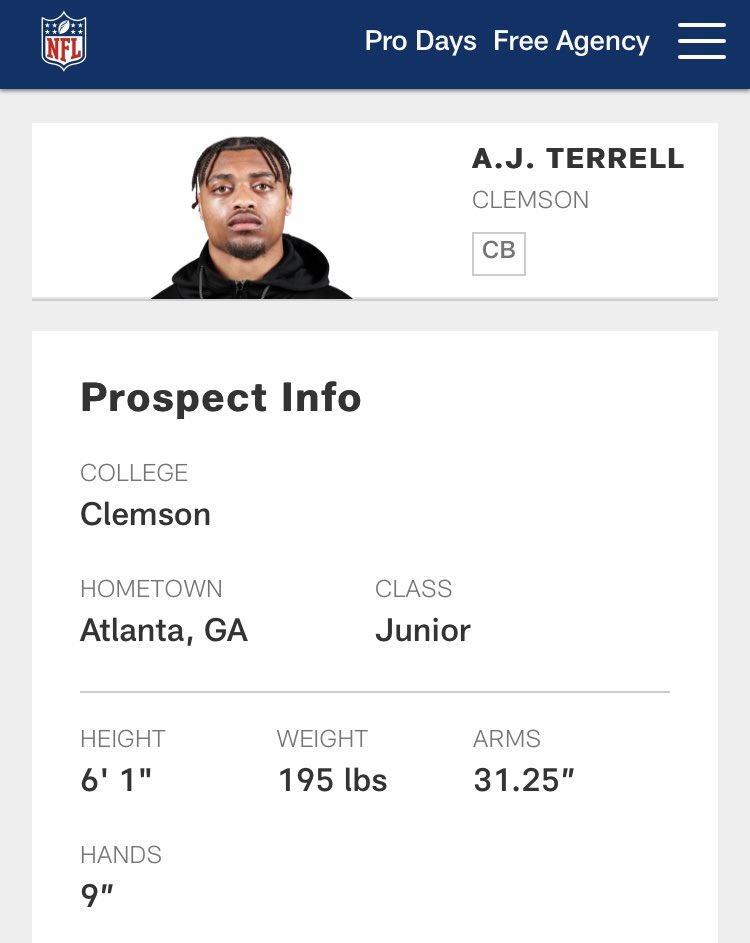 Here are the football vitals on CB AJ Terrell who was picked #16 overall in the 2020 NFL Draft. Roughly the same size as Hufanga, Terrell had a much faster 40 time and more BP reps. I think Hufanga will be a good pro, but another example of lack of player development with Helton. https://t.co/ZJs0jj9oau