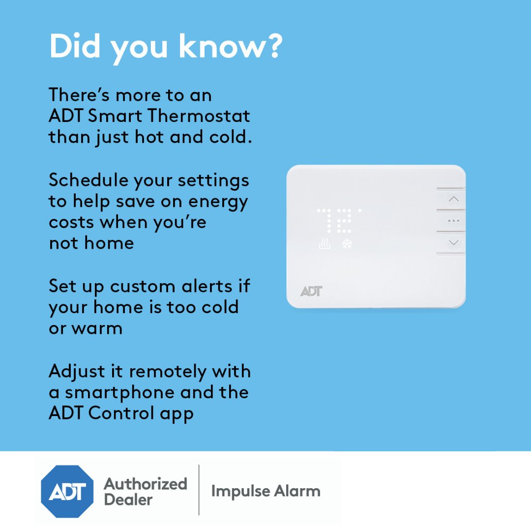 ImpulseAlarm's tweet image. We can help you feel safer and more comfortable at home. Control the temperature of your home from virtually anywhere with the ADT Smart Thermostat. Call or text us today to get started!