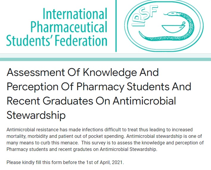 IPSForg's tweet image. Hello IPSFers,

The Pharmacy Practice Initiative sub-committee is carrying out a survey on Antimicrobial stewardship.

Pharmacy students and recent graduates (up to 4 years post-graduation) can participate in this survey.

forms.gle/qnksrAthsTsyNX….