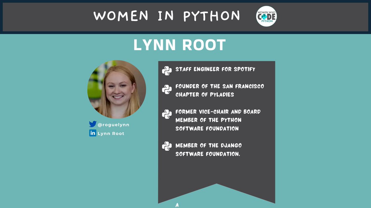 womensoftwarepy's tweet image. Do you know Lynn Root(@roguelynn)?
She is a Staff Engineer for Spotify. Currently she is the member of the Django Software Foundation.
Want to follow her work and community efforts? See below
#python #womenwhocode #womeninpython #womenshistorymonth