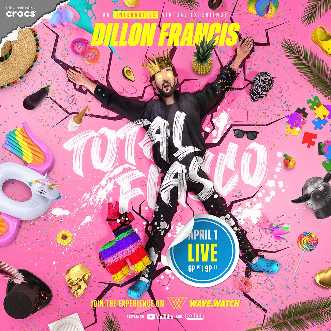TheWaveXR's tweet photo. It's gonna be a #TOTALFIASCO 🥳 4/1/21 feat. @DillonFrancis LIVE in an all NEW, interactive virtual party. Partnered w/ @Crocs. FREE SHOW - RSVP now for your chance to win a merch bundle! 

👉 Click here: https://t.co/oSJ5k4VuAH https://t.co/7XyvZVUL0i