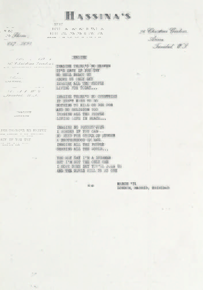 johnlennon's tweet photo. John Lennon /// Imagine

‘Imagine all the people living life in peace.’ ✌️

Written by @JohnLennon &amp; @YokoOno, March '71.
London, Madrid, Trinidad.

What do you think about when you think about #Imagine? https://t.co/QF9dbixF5O