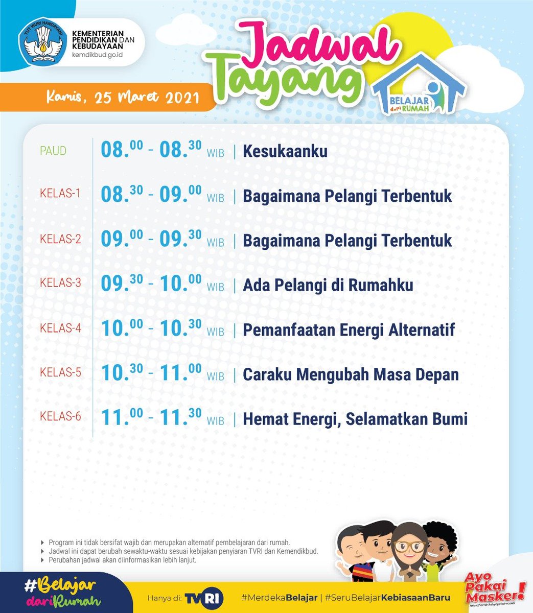 Kemdikdasmen's tweet photo. Selamat pagi, #SahabatDikbud. Jangan lewatkan sarapanmu, ya! Berikut jadwal #BelajardariRumah di @tvrinasional Kamis, 25 Maret 2021.

Yuk, tetap semangat belajar dan terapkan hidup sehat!

#MerdekaBelajar
#BersamaHadapiKorona
#IndonesiaPulih https://t.co/ptvTuVzYaz