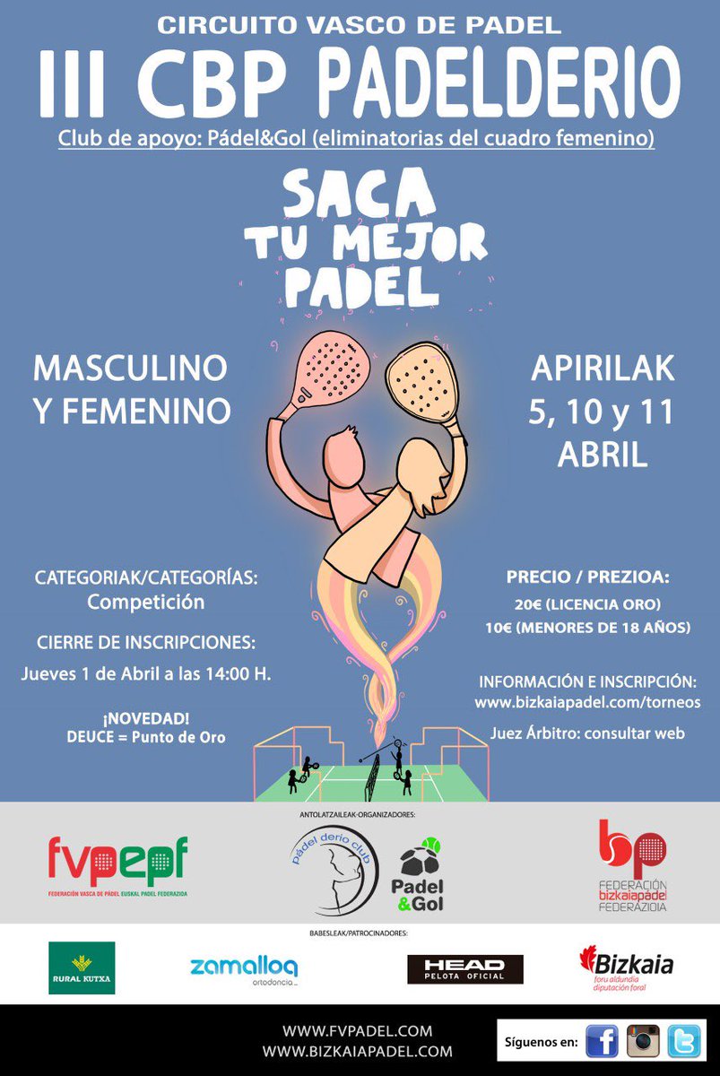 Os comunciamos que se ha abierto hasta el próximo día 1 de abril, a las 14:00 h. la inscripción para el III CBP 2021 que se va a disputar en las instalaciones de los clubes PADEL DERIO y PADEL&amp;GOL.