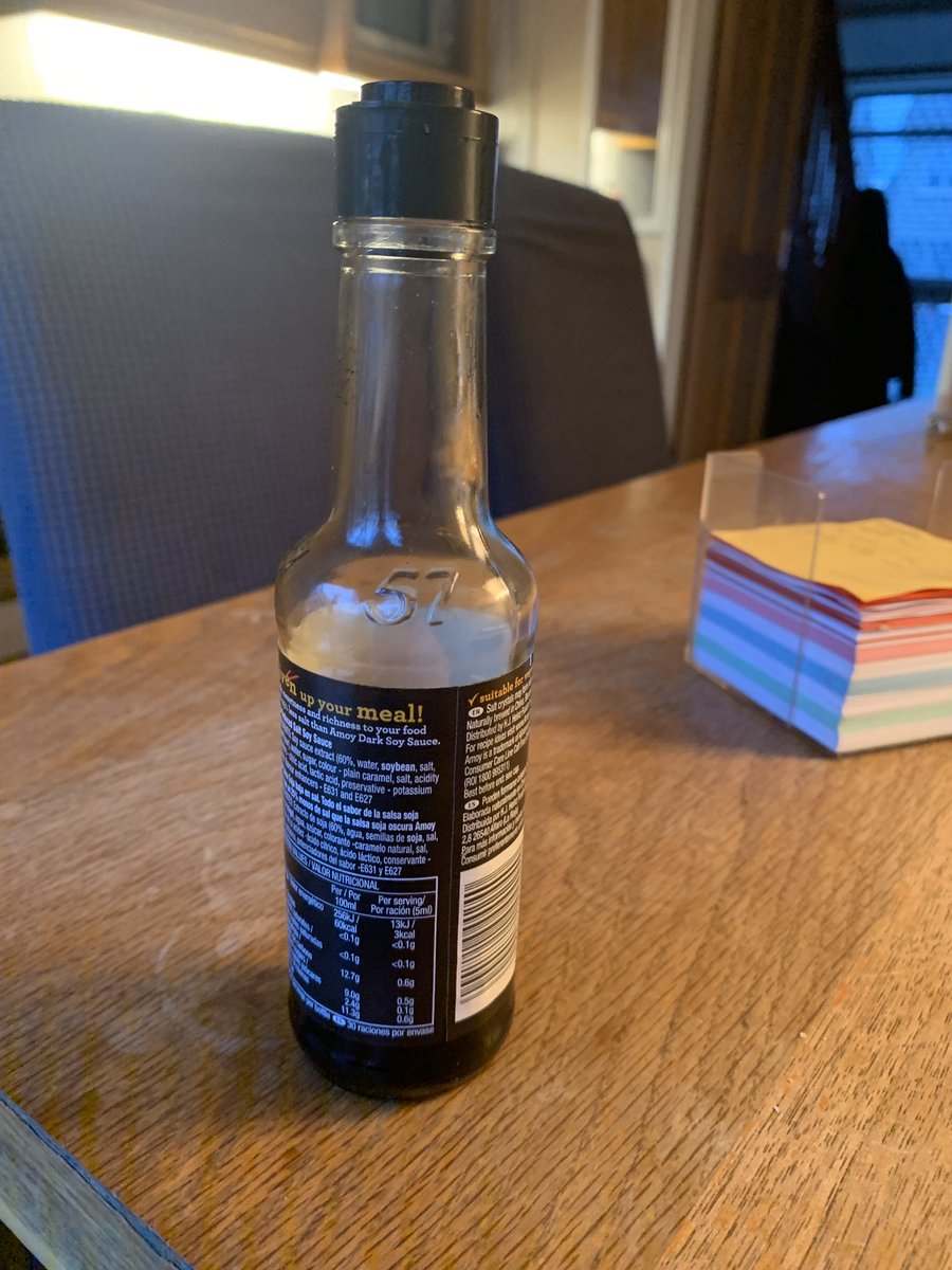 alanjkenna's tweet photo. Soy sauce bottles should never be made without the little gap in the label at the back. I have no idea how much soy sauce I have right now and this is a problem. https://t.co/OfjsM1Vvvu
