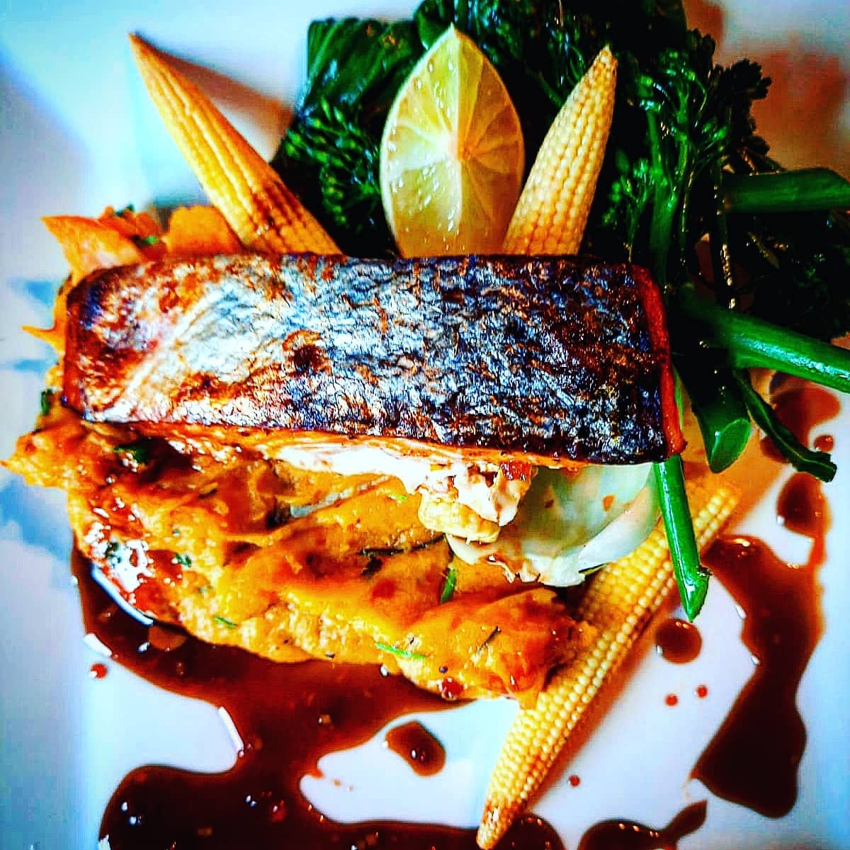 A new taste of Asian food oven roasted salmon on a chilli garlic, corriander sweet potato mash with steamed sesame oil Asian veg.and a soy ginger glaze.#simpletastyhealthybypw