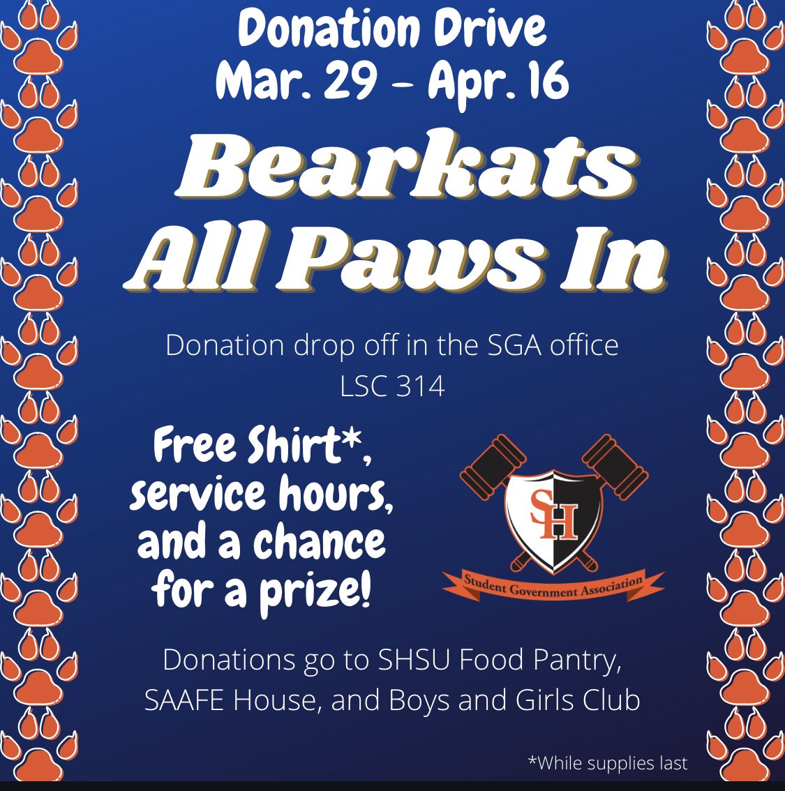 SamHouston_SGA's tweet image. Looking for volunteer/ community service opportunities? Participate in Bearkat All-Paws In AKA BAPI! 
BAPI is our Annual Community Service Event catered to serve the Huntsville Area, but this year, due to COVID, things are a bit different this year!