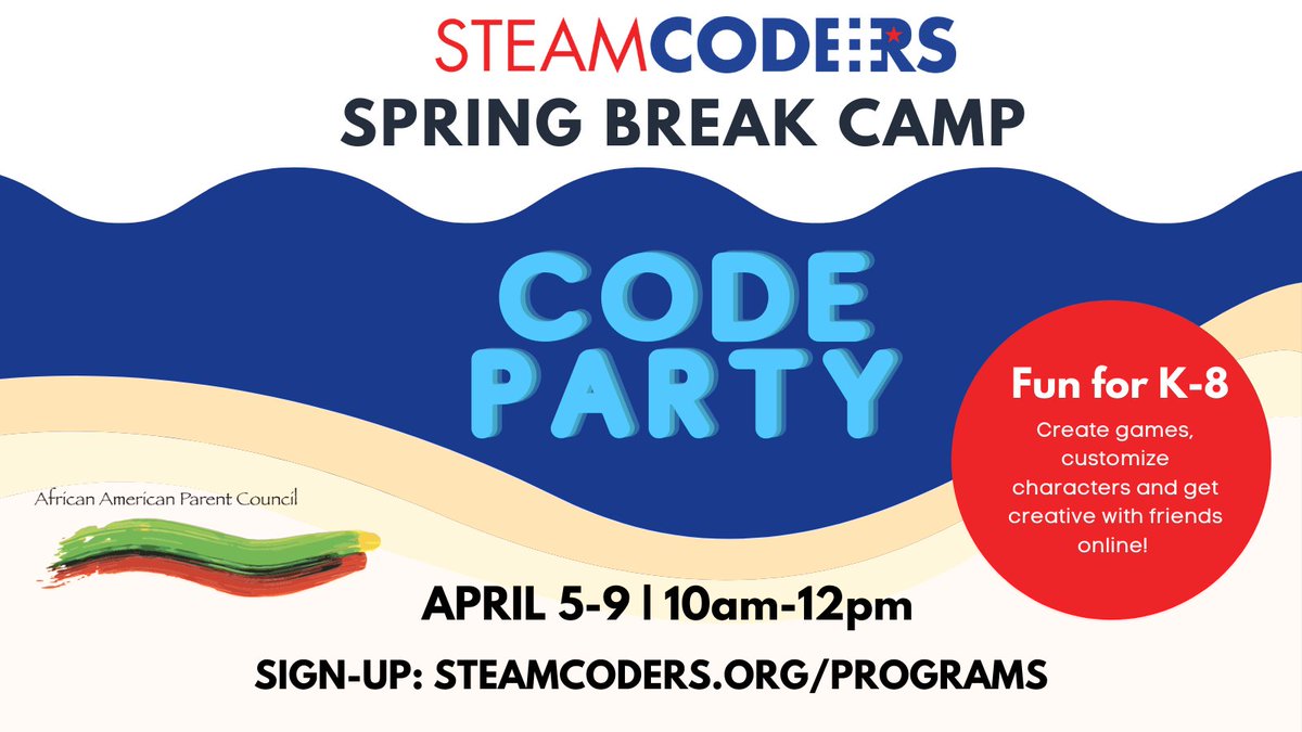 SteamCoders's tweet image. Let this Spring Break be filled with fun &amp;amp; creative code-based activities. Make games, learn about modding &amp;amp; create interactive art with friends! 

WE WILL MEET DAILY VIA ZOOM 
APRIL 5 - 9/1 0:00AM TO 12:00PM.

Sign-up: steamcoders.org/programs

#100daysofcode #stem #kidsforcoding